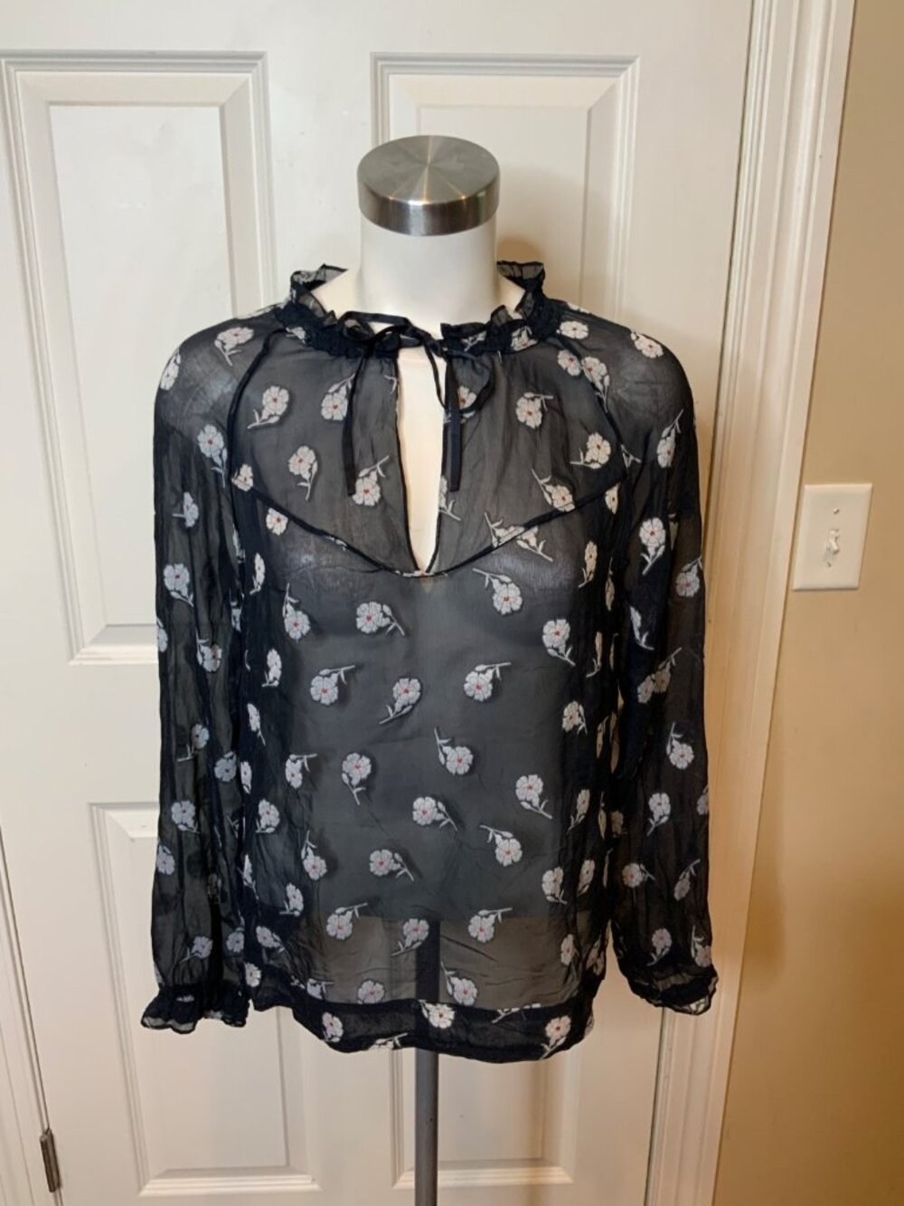 Rag & Bone Blue Sheer Silk Floral Embroidered Tie Neck Top, Size XS